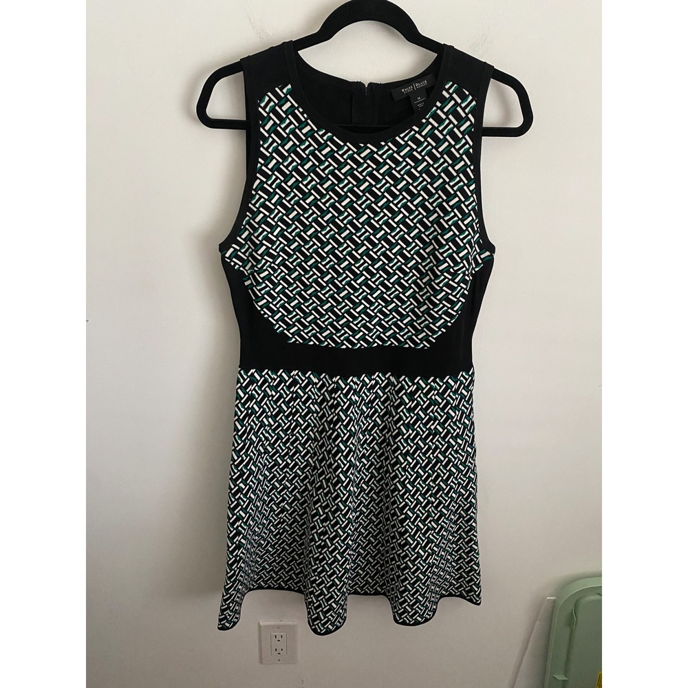 White House Black Market Geometric Knit Fit Flare Dress Green Black White Medium